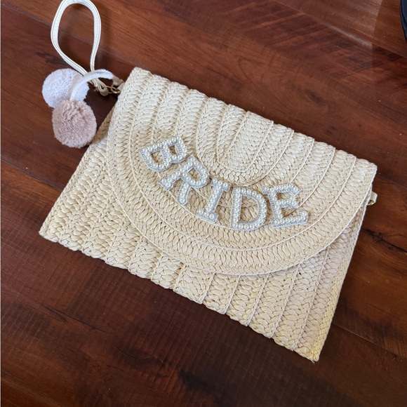 Woven Straw Cream BRIDE Bridal Clutch with Pom Poms - Picture 1 of 6